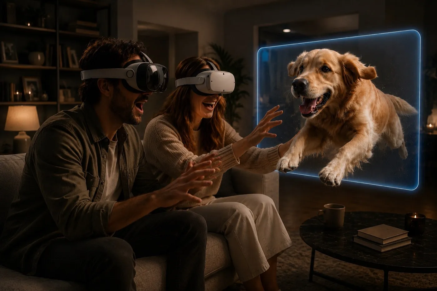 Couple watching a 3D video jump out of the screen