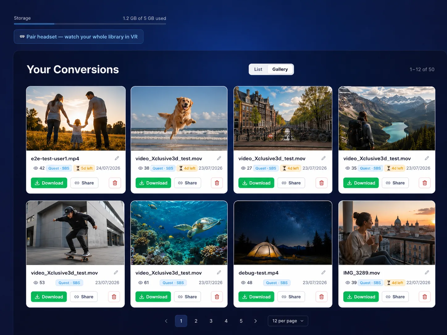 The Xclusive VR dashboard: a library of converted 3D videos with watch, download and share buttons, and a pair-headset option to stream the whole library in VR